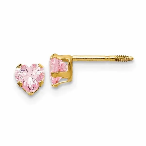 Child's 4mm Heart-Shaped Pink Cubic Zirconia Solitaire Stud Earrings in 14K Gold Conti Jewelers Endwell, NY