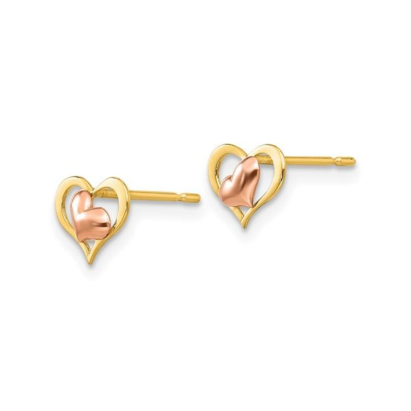 Girls' Double Heart Stud Earrings in 14K Two-Tone Gold Image 2 Conti Jewelers Endwell, NY