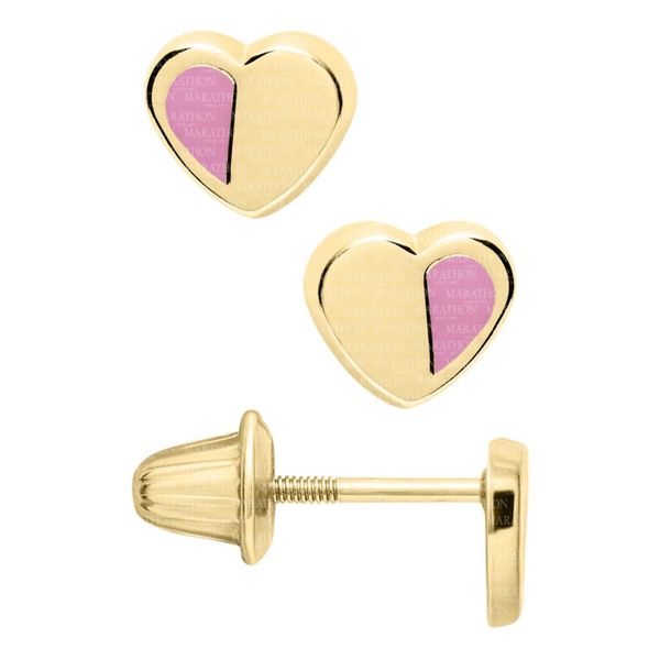 Girls' Pink Heart Safety Earrings in 14k Yellow Gold Conti Jewelers Endwell, NY