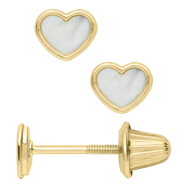Children's 14k Yellow Gold Heart Earrings with Mother of Pearl Stone Conti Jewelers Endwell, NY