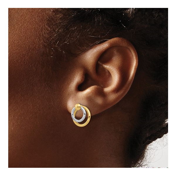 Polished Double Circle Post Dangle Earrings in 14k Gold Image 2 Conti Jewelers Endwell, NY