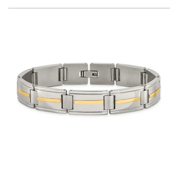 Men's Brushed Link Bracelet in Stainless Steel with 14k Gold Accent, 8.75
