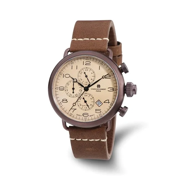 Mens Charles Hubert Brown IP-plated Leather Band 46mm Dual Time Watch Conti Jewelers Endwell, NY