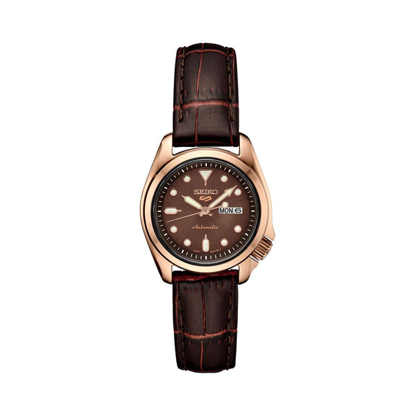 Seiko Rose Gold Dial Brown Leather Band Automatic Watch