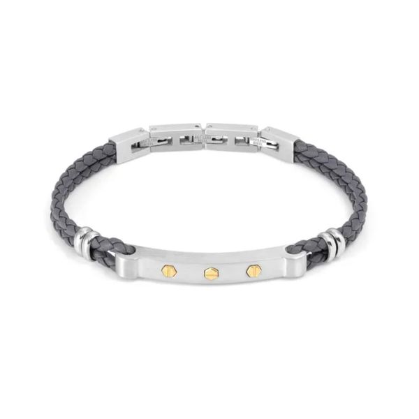 Men's Leather Bracelet with Yellow Gold Plated Hexagonal Screws Conti Jewelers Endwell, NY