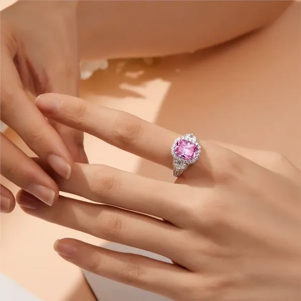 5.55 ct. tw. Lab-Grown Pink Sapphire & Diamond Halo Ring in Sterling Silver Image 2 Conti Jewelers Endwell, NY