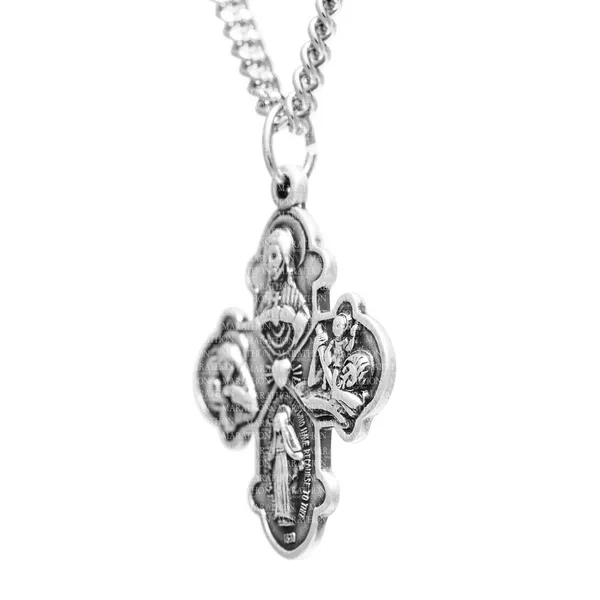Sterling Silver Traditional Catholic Four Way Cross Medal Pendant Necklace, 24