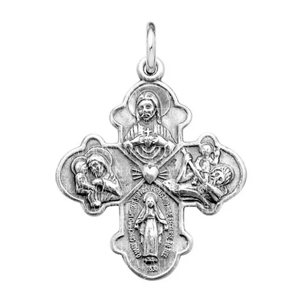 Sterling Silver Traditional Catholic Four Way Cross Medal Pendant Necklace, 24
