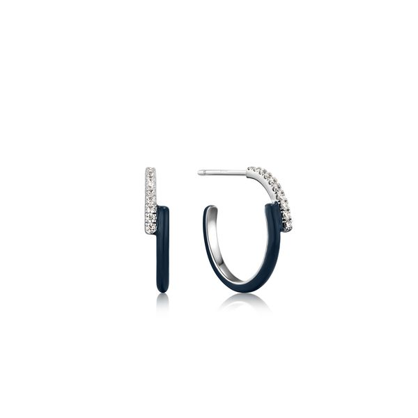 Navy Blue Enamel Silver Sparkle Overlap Hoop Earrings Conti Jewelers Endwell, NY