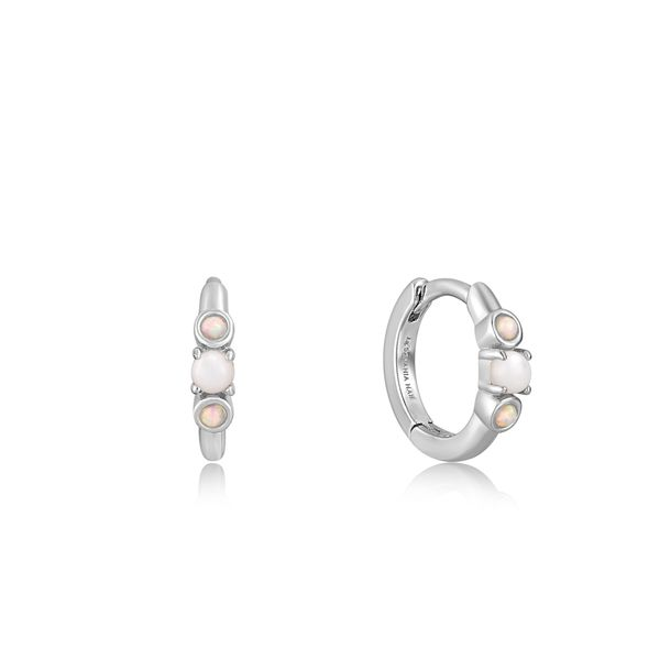 Silver Mother of Pearl and Kyoto Opal Huggie Hoop Earrings Conti Jewelers Endwell, NY