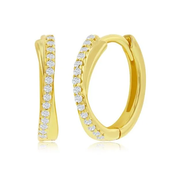 Sterling Silver 'X' Deisgn CZ 15mm Huggie Hoop Earrings - Gold Plated Conti Jewelers Endwell, NY