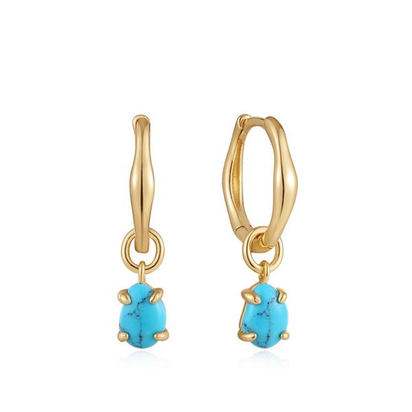 Gold Turquoise Drop Wave Huggie Hoop Earrings Conti Jewelers Endwell, NY