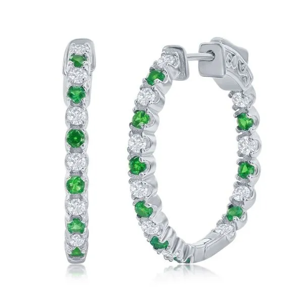 Sterling Silver 3x25mm Hoop Earrings - Created Emerald & White Sapphire Conti Jewelers Endwell, NY