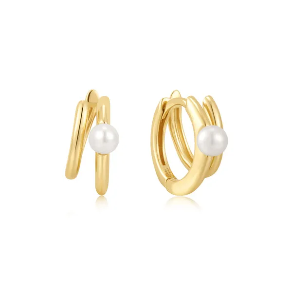 Parallel Duo Freshwater Pearl Huggies in Yellow Gold Conti Jewelers Endwell, NY