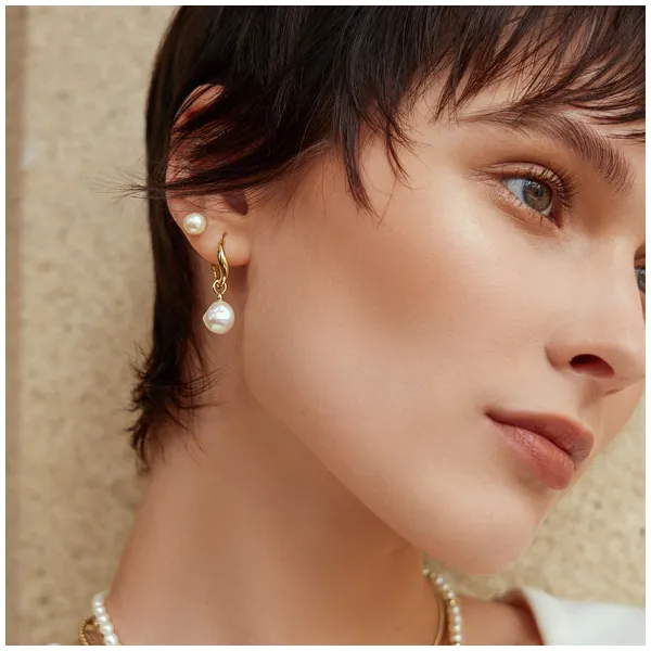 Freshwater Pearl Drop Hoops in Yellow Gold Image 2 Conti Jewelers Endwell, NY
