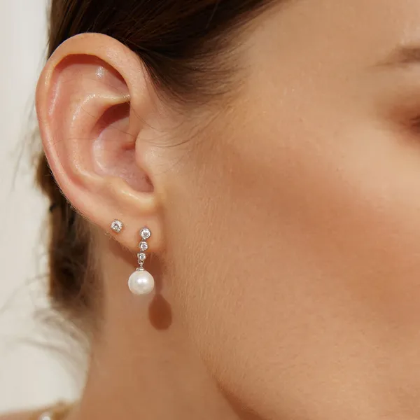 Silver Beaded Stone Pearl Drop Stud Earrings Image 2 Conti Jewelers Endwell, NY