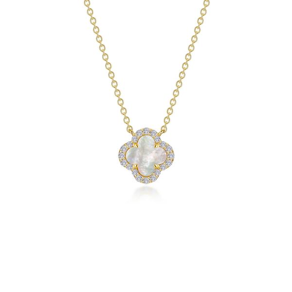 0.49 CTW Mother-of-Pearl & Simulated Diamond Halo Necklace in Yellow Gold Conti Jewelers Endwell, NY