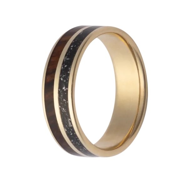 14KT YELLOW GOLD 7MM WEDDING BAND WITH METEORITE AND IRONWOOD ACCENTS Cooper Fine Jewelers Texarkana, TX