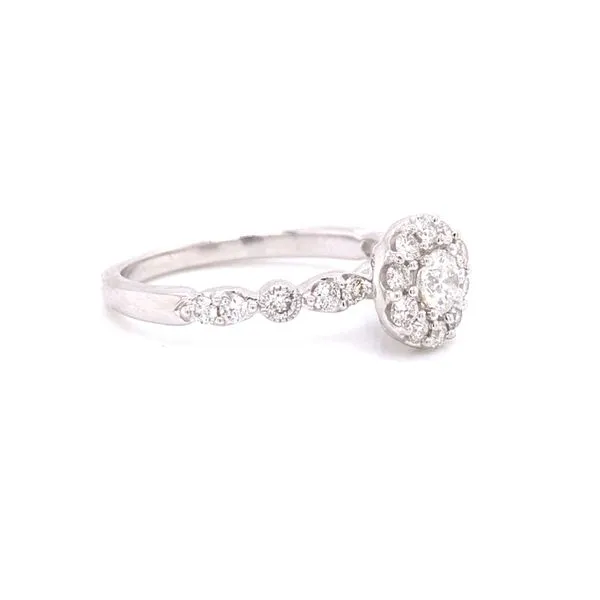 14 Karat White Gold Round Center with Diamond Halo and Alternating Diamond Shank Engagement Ring Image 2 Corinth Jewelers Corinth, MS