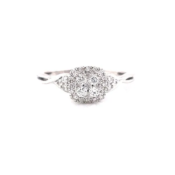 10 Karat White Gold Round Illusion Center with Diamond Halo and Round Accent Diamonds with Infinity polished shank Engagement Ring - 0.25 dwt - Finger Corinth Jewelers Corinth, MS