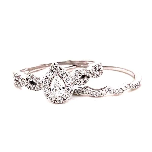 14 Karat White Gold Pear Cut Center with Diamond Halo and Infinity Diamond Shank Engagement Ring with Matching Diamond Band Image 2 Corinth Jewelers Corinth, MS