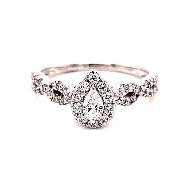 14 Karat White Gold Pear Cut Center with Diamond Halo and Infinity Diamond Shank Engagement Ring with Matching Diamond Band Corinth Jewelers Corinth, MS