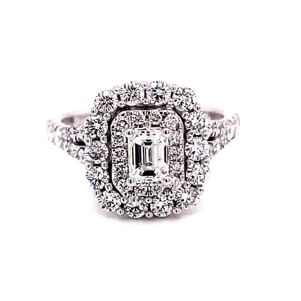 14 Karat White Gold Emerald Cut Center Stone with Double Diamond Halo and Diamond Shank Engagement Ring with Matching Diamond Ba Corinth Jewelers Corinth, MS