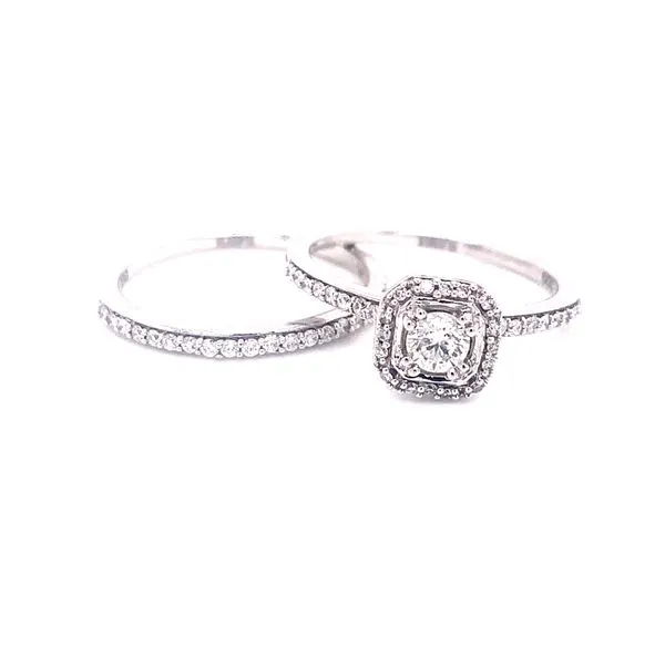 14 Karat White Gold Round Center with Cushion Diamond Halo Engagement Set Image 2 Corinth Jewelers Corinth, MS