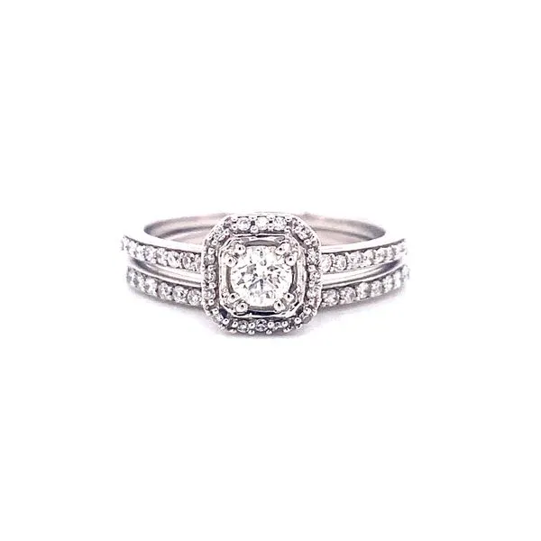 14 Karat White Gold Round Center with Cushion Diamond Halo Engagement Set Corinth Jewelers Corinth, MS