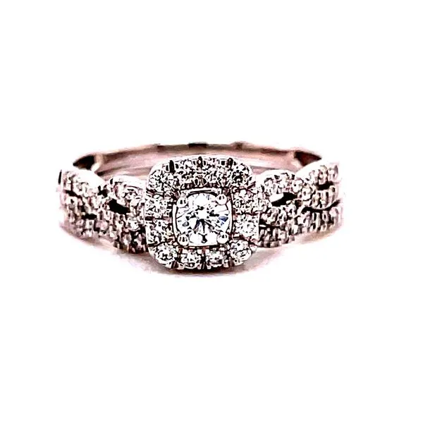 14 Karat White Gold Round Cut Center Stone with Cushion Diamond Halo and Infinity Diamond Shank and Matching Diamond Band Engage Image 2 Corinth Jewelers Corinth, MS