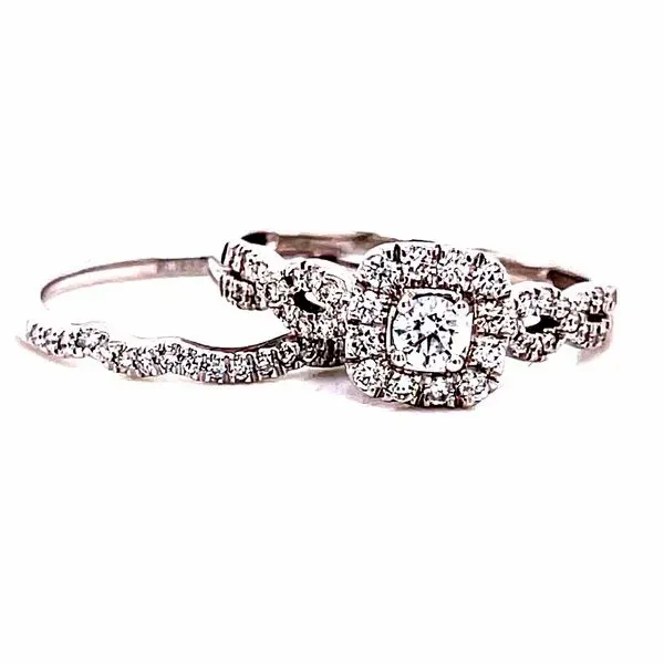 14 Karat White Gold Round Cut Center Stone with Cushion Diamond Halo and Infinity Diamond Shank and Matching Diamond Band Engage Corinth Jewelers Corinth, MS