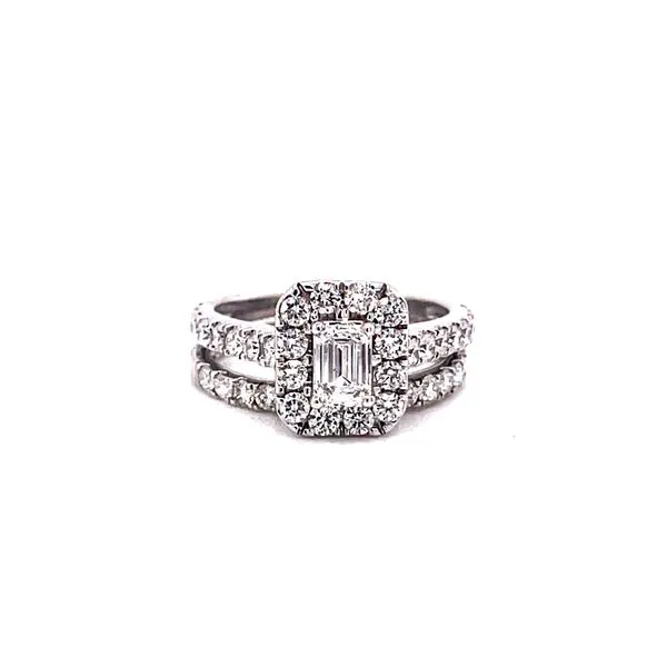 14 Karat White Gold Emerald Cut Center Stone with Diamond Halo Engagement Ring with Matching Diamond Band Image 2 Corinth Jewelers Corinth, MS