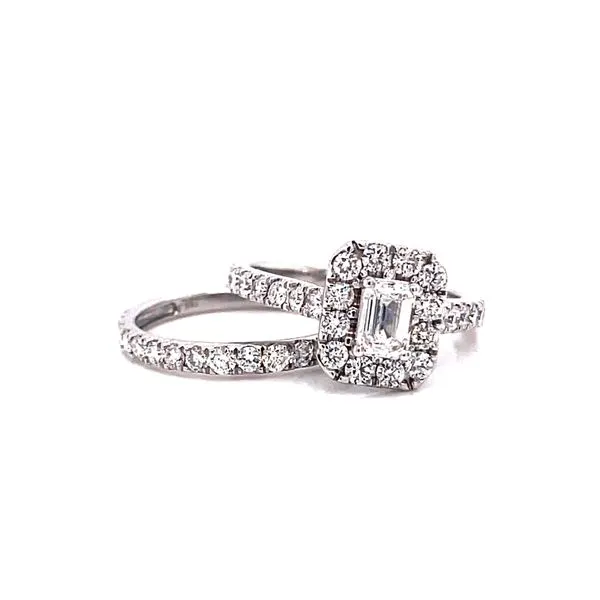 14 Karat White Gold Emerald Cut Center Stone with Diamond Halo Engagement Ring with Matching Diamond Band Corinth Jewelers Corinth, MS