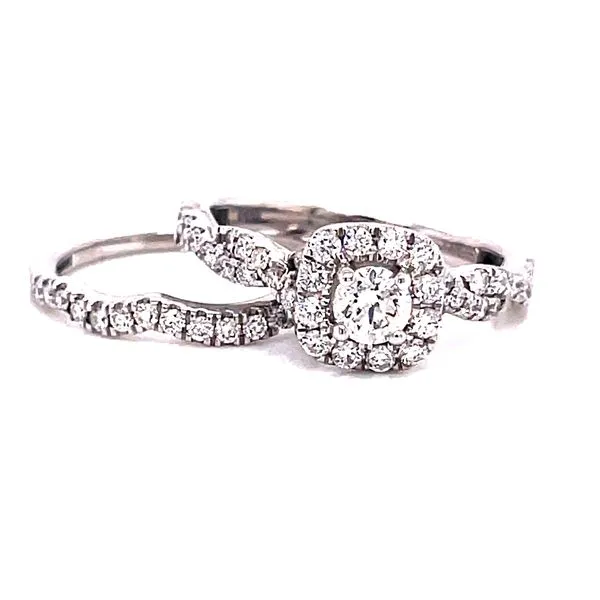 14 Karat White Gold Round Center Stone with Cushion Diamond Halo and Infinity Diamond Shank with Matching Diamond Band Corinth Jewelers Corinth, MS