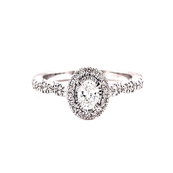 14 Karat White Gold Oval Cut Center Stone with Diamond Halo and Scalloped Diamond Shank Engagement Ring Corinth Jewelers Corinth, MS