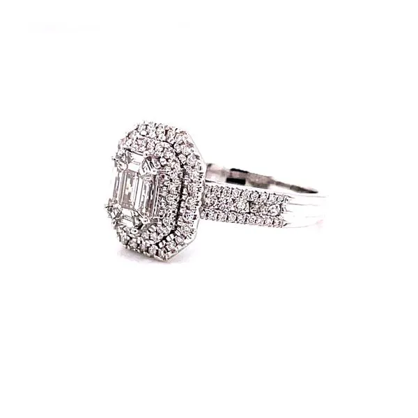 14 Karat White Gold Baguette Cut Diamond Center Stone with Double Diamond Halo and Shank Image 2 Corinth Jewelers Corinth, MS