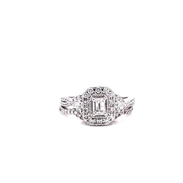 14 Karat White Gold Emerald Cut Center Stone with Diamond Halo and Round Diamond Side Stones Engagement Ring with Matching Diamo Image 2 Corinth Jewelers Corinth, MS