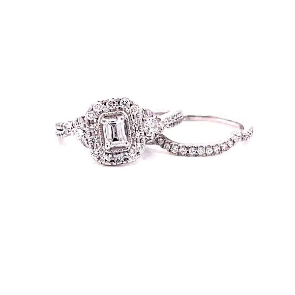14 Karat White Gold Emerald Cut Center Stone with Diamond Halo and Round Diamond Side Stones Engagement Ring with Matching Diamo Corinth Jewelers Corinth, MS