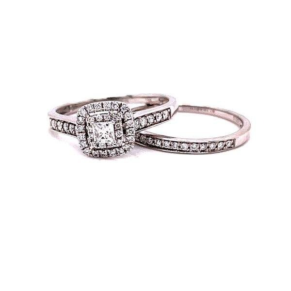 14 Karat White Gold Princess Cut Center Stone with Double Diamond Halo Engagement Ring and Matching Diamond Band Corinth Jewelers Corinth, MS