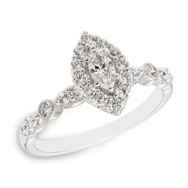 14 Karat White Gold Marquise Center with Diamond Halo and Alternating Round and Marquise Shank Engagement Ring Corinth Jewelers Corinth, MS