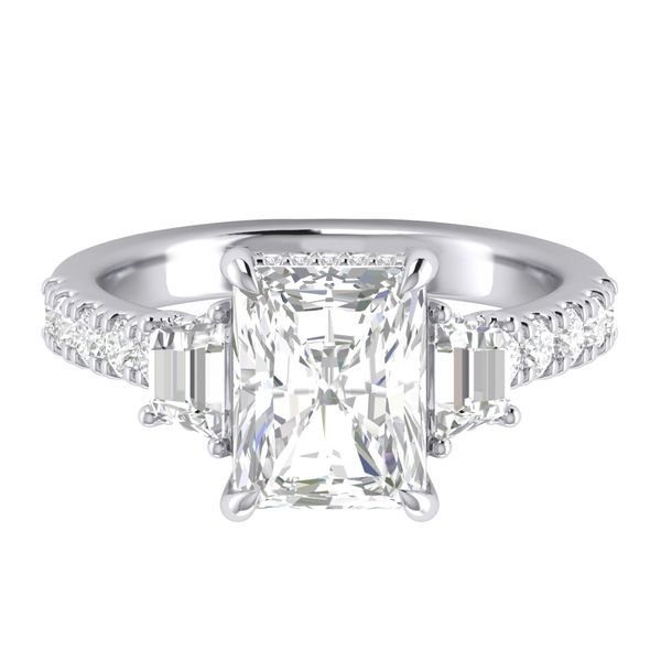 14 Karat White Gold Three-Stone Radiant Cut Center with Emerald Cut Side Stones with Hidden Diamond Halo and Shank Semi Mount Image 2 Corinth Jewelers Corinth, MS