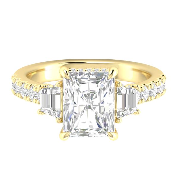 14 Karat White Gold Three-Stone Radiant Cut Center with Emerald Cut Side Stones with Hidden Diamond Halo and Shank Semi Mount Image 4 Corinth Jewelers Corinth, MS