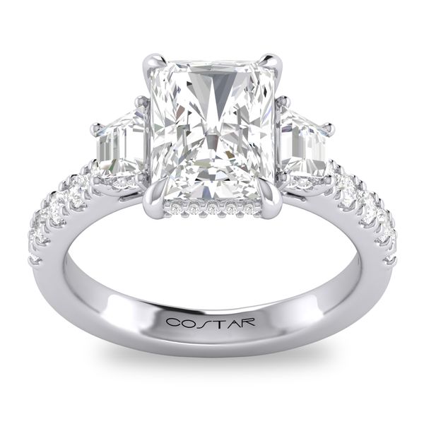 14 Karat White Gold Three-Stone Radiant Cut Center with Emerald Cut Side Stones with Hidden Diamond Halo and Shank Semi Mount Corinth Jewelers Corinth, MS