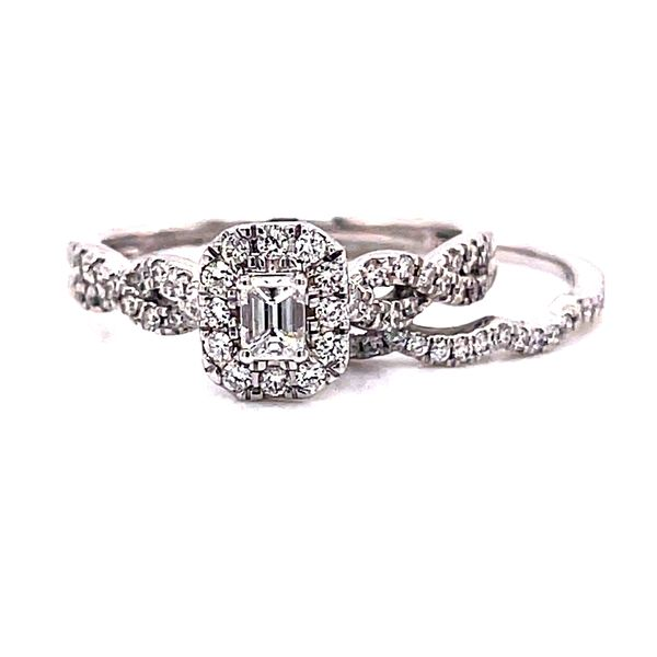 14 Karat White Gold Emerald Cut Center with Diamond Halo and Infinity Diamond Shank Engagement Ring with Matching Diamond Band Corinth Jewelers Corinth, MS