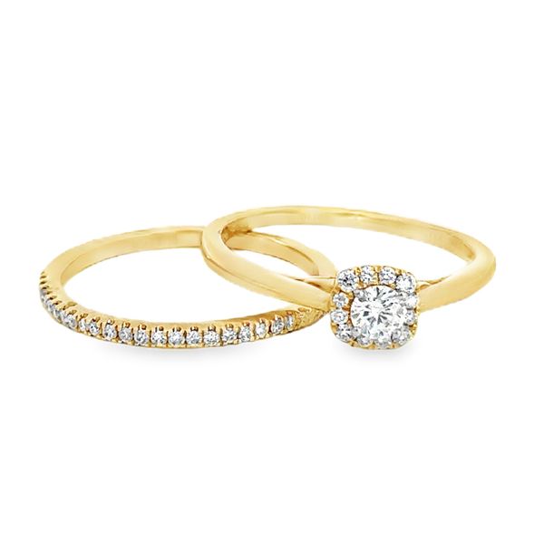 14 Karat Yellow Gold 0.17 ct Round Brilliant Cut Diamond Center Stone with Cushion Diamond Halo and Polished Shank with Matching Straight Diamond Band Corinth Jewelers Corinth, MS