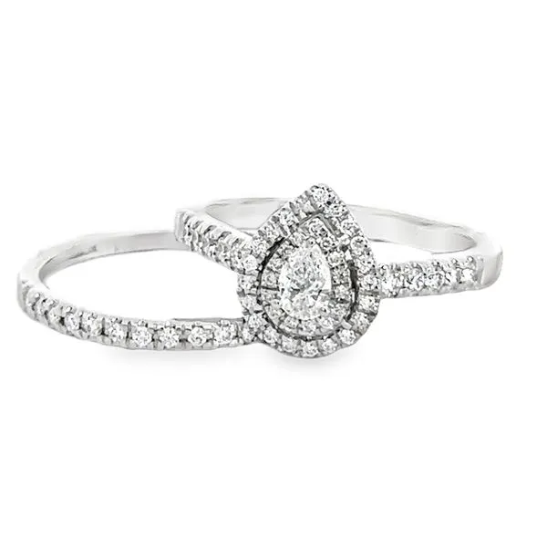 14 Karat White Gold 0.20 ct Pear Shape Diamond with Double Diamond Halo and Shank with Matching Diamond Band - 0.63 ctw Corinth Jewelers Corinth, MS