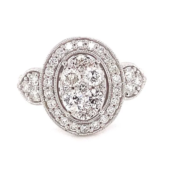 14 Karat White Gold Oval Illusion Center with Diamond Halo and Trillion Accents Fashion Ring Corinth Jewelers Corinth, MS