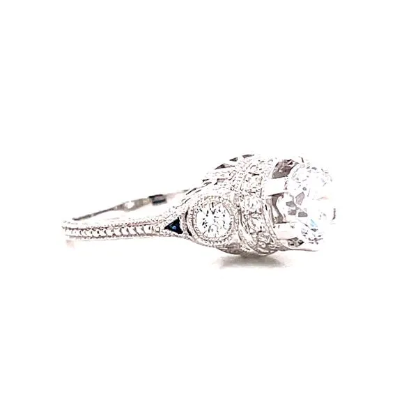 14 Karat White Gold Round 3-Stone Vintage Style Engagement Ring with Sapphire and Diamond Details Image 2 Corinth Jewelers Corinth, MS