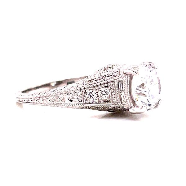 14 Karat White Gold Round Vintage Style Solitaire Engagement Ring with Tapered Diamond Shank and Miligain Details Image 2 Corinth Jewelers Corinth, MS