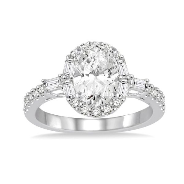14 Karat White Gold 4 - Prong Oval Semi Mount with Round and Baguette Diamond Accent Engagement Ring Corinth Jewelers Corinth, MS